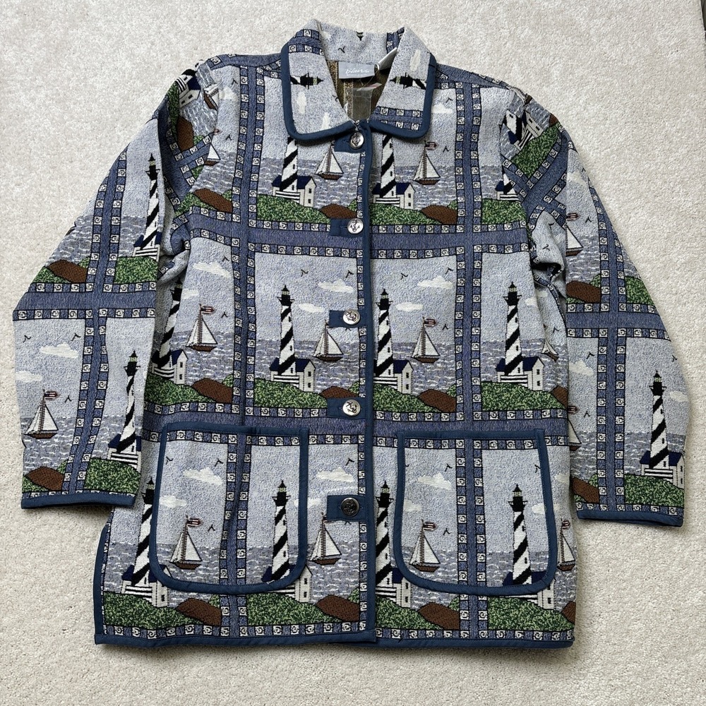 Vtg 90s Blair Lighthouse Tapestry Jacket Women's Large Coastal Nautical Grandma